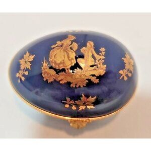 Vtg Limoges Castel Porcelain Cobalt Blue 22 kt Gold Courting Couple Egg Trinket